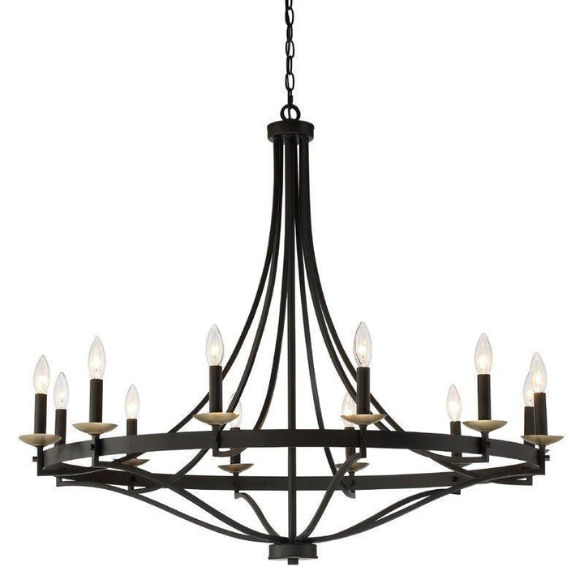 Large 40-inch wagon wheel chandelier with candle-style arms and adjustable chain, ideal for high ceilings and traditional or modern farmhouse interiors
