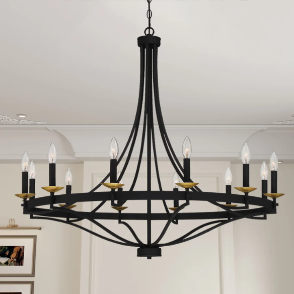 Large 40-inch wagon wheel chandelier with candle-style arms and adjustable chain, ideal for high ceilings and traditional or modern farmhouse interiors