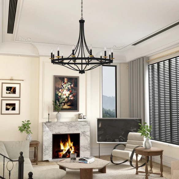 Large 40-inch wagon wheel chandelier with candle-style arms and adjustable chain, ideal for high ceilings and traditional or modern farmhouse interiors