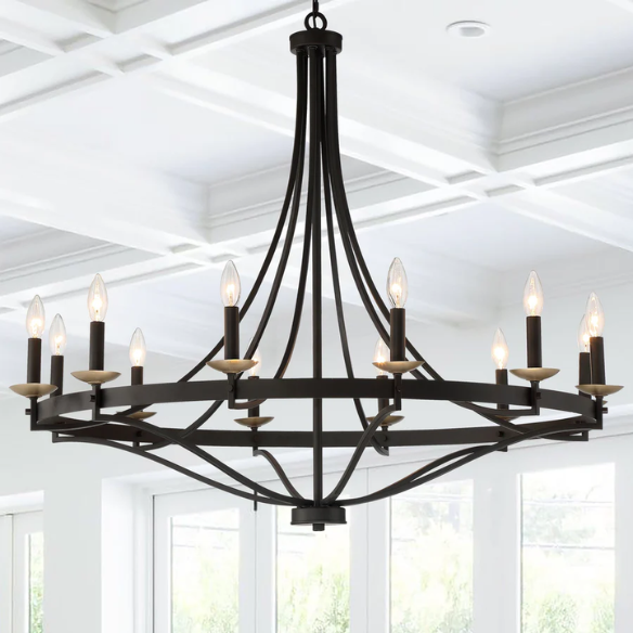 Large 40-inch wagon wheel chandelier with candle-style arms and adjustable chain, ideal for high ceilings and traditional or modern farmhouse interiors