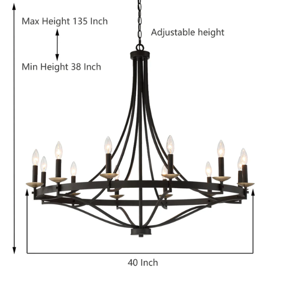 Large 40-inch wagon wheel chandelier with candle-style arms and adjustable chain, ideal for high ceilings and traditional or modern farmhouse interiors