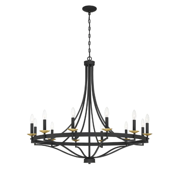 40-inch wagon wheel chandelier in aged zinc and satin brass finish with 12 candle-style lights, ideal for high ceilings in traditional or modern interiors