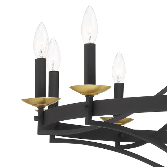 40-inch wagon wheel chandelier in aged zinc and satin brass finish with 12 candle-style lights, ideal for high ceilings in traditional or modern interiors