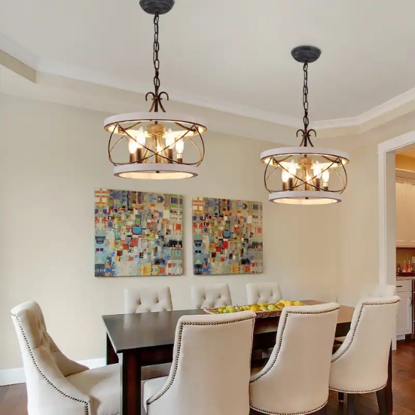 5-light rustic wood cage chandelier with weathered white birch finish, perfect for kitchen islands, dining rooms, and entryways