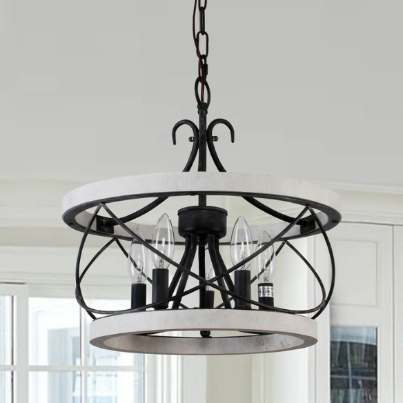 5-light rustic wood cage chandelier with weathered white birch finish, perfect for kitchen islands, dining rooms, and entryways