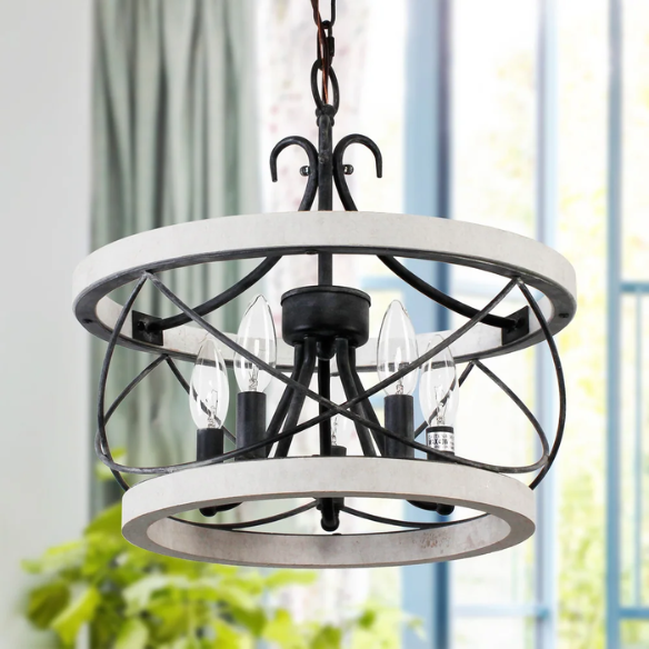 5-light rustic wood cage chandelier with weathered white birch finish, perfect for kitchen islands, dining rooms, and entryways