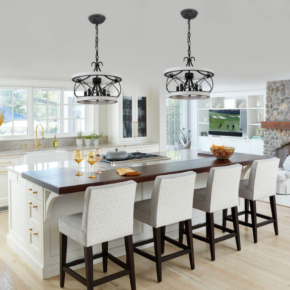 5-light rustic wood cage chandelier with weathered white birch finish, perfect for kitchen islands, dining rooms, and entryways