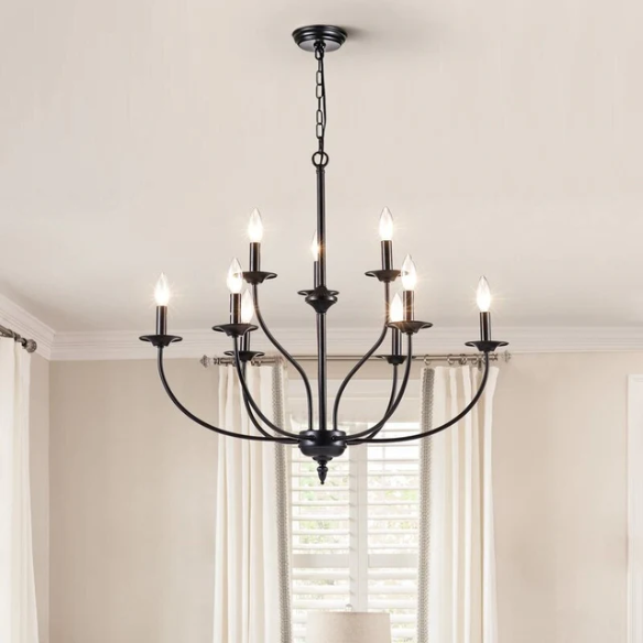 9-light candle-style chandelier with rustic metal finish and curved arms, perfect for farmhouse dining rooms or entryways