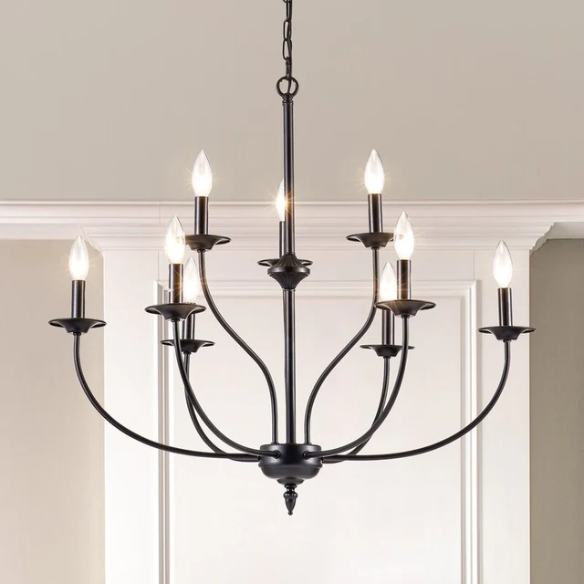 9-light candle-style chandelier with rustic metal finish and curved arms, perfect for farmhouse dining rooms or entryways