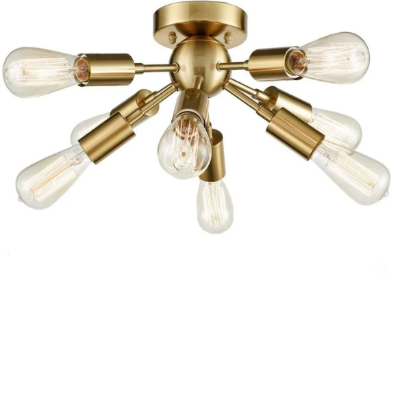 Antique brass 8-light Sputnik chandelier with exposed E26 bulbs and flush mount design, ideal for modern, mid-century, or Art Deco interiors