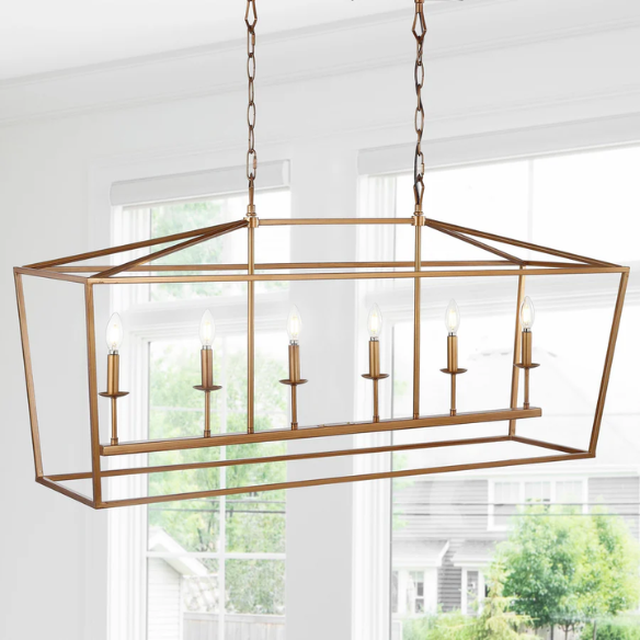 Antique gold lantern-style metal pendant light with exposed LED bulb and adjustable chain, ideal for kitchens or entryways