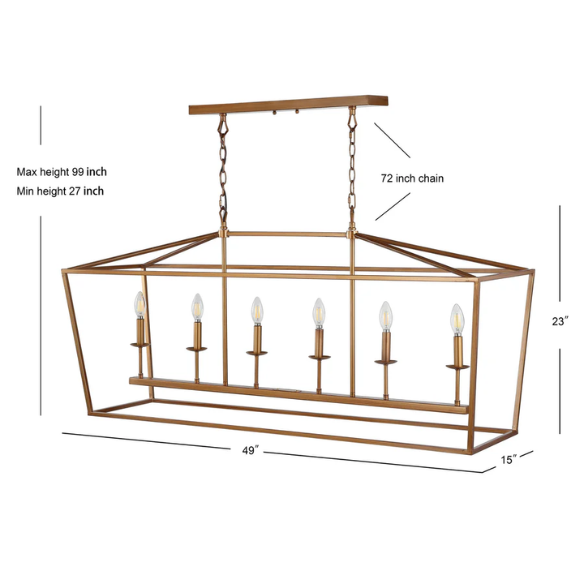 Antique gold lantern-style metal pendant light with exposed LED bulb and adjustable chain, ideal for kitchens or entryways