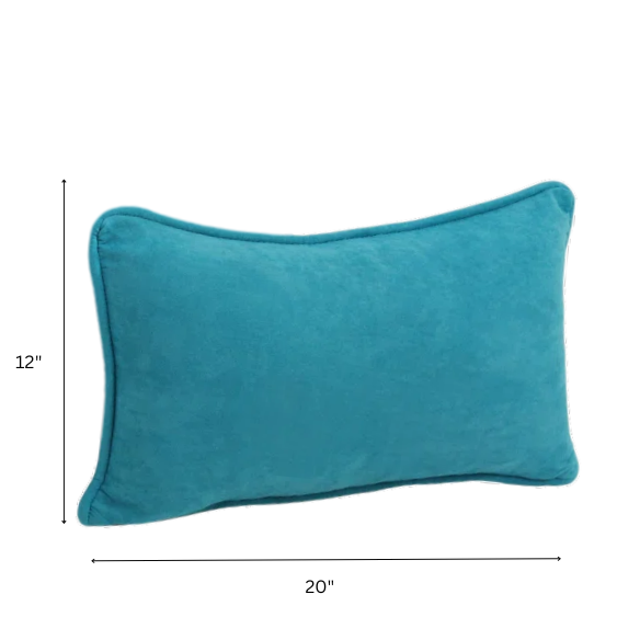 Set of 2 aqua microsuede lumbar throw pillows with piped edges on modern sofa