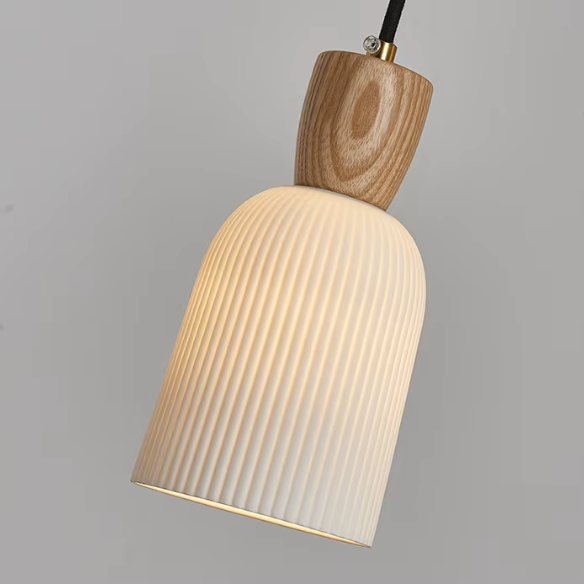Modern ash wood pendant light with white ceramic shade, adjustable height, E14 bulb base, stylish indoor lighting fixture.
