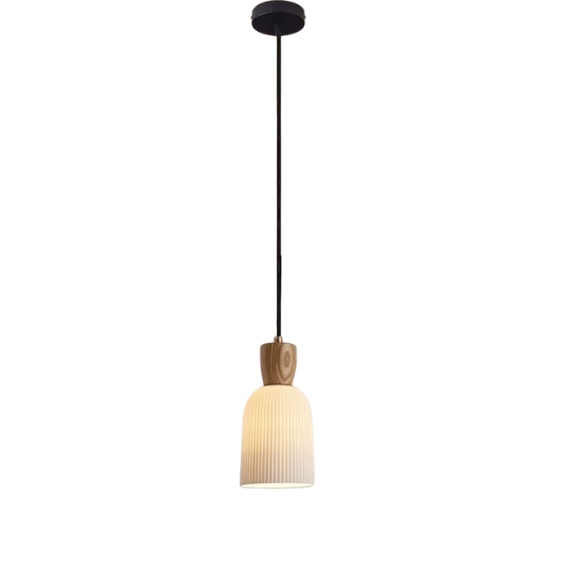 Modern ash wood pendant light with white ceramic shade, adjustable height, E14 bulb base, stylish indoor lighting fixture.