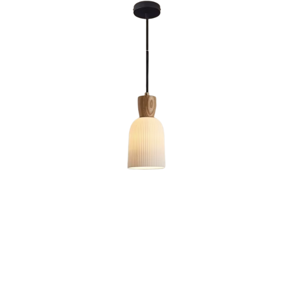 Modern ash wood pendant light with white ceramic shade, adjustable height, E14 bulb base, stylish indoor lighting fixture.