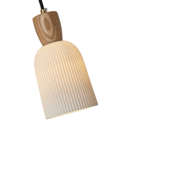 Modern ash wood pendant light with white ceramic shade, adjustable height, E14 bulb base, stylish indoor lighting fixture.