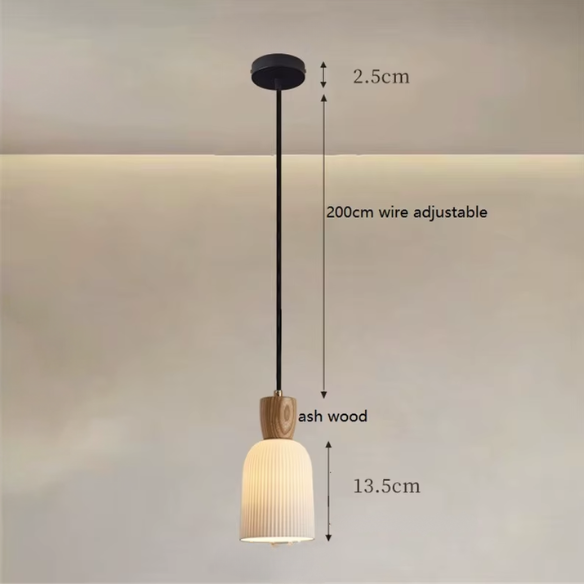 Modern ash wood pendant light with white ceramic shade, adjustable height, E14 bulb base, stylish indoor lighting fixture.