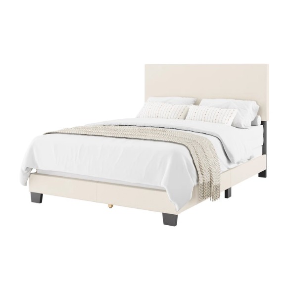 Beige full-size upholstered bed with a high rectangular bouclé headboard, cushioned frame, and clean modern lines, shown in a neutral-toned bedroom.