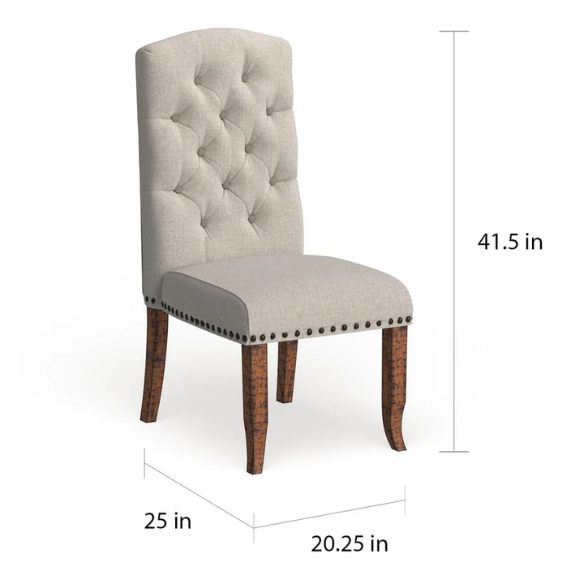 Set of 2 beige button-tufted farmhouse dining chairs with rustic wood legs, nailhead trim, and upholstered linen-like fabric.
