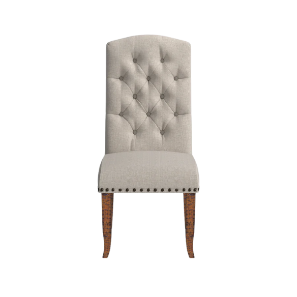 Set of 2 beige button-tufted farmhouse dining chairs with rustic wood legs, nailhead trim, and upholstered linen-like fabric.