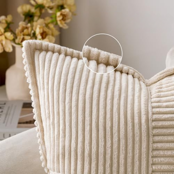 Beige corduroy pillow cover with geometric striped pattern, modern design, eco-friendly, and machine washable, 45x45 cm