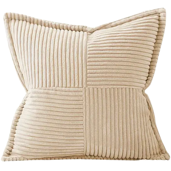 Beige corduroy pillow cover with geometric striped pattern, modern design, eco-friendly, and machine washable, 45x45 cm