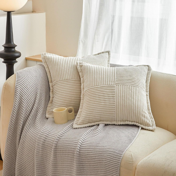 Beige corduroy pillow cover with geometric striped pattern, modern design, eco-friendly, and machine washable, 45x45 cm