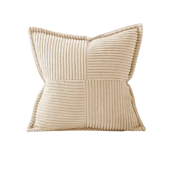 Beige corduroy pillow cover with geometric striped pattern, modern design, eco-friendly, and machine washable, 45x45 cm