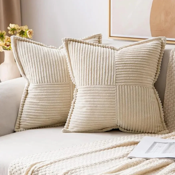 Beige corduroy pillow cover with geometric striped pattern, modern design, eco-friendly, and machine washable, 45x45 cm