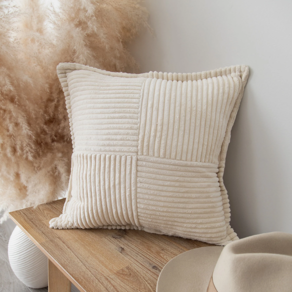 Beige corduroy pillow cover with geometric striped pattern, modern design, eco-friendly, and machine washable, 45x45 cm
