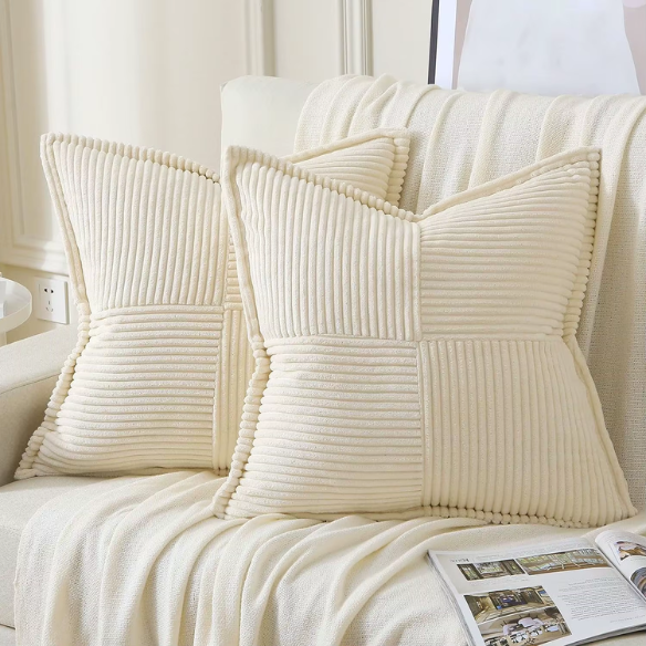 Beige corduroy pillow cover with geometric striped pattern, modern design, eco-friendly, and machine washable, 45x45 cm