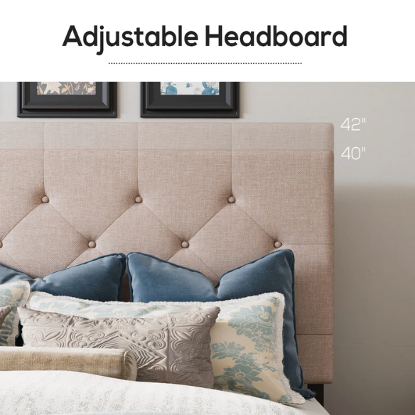 Beige upholstered queen bed with diamond-tufted headboard and four underbed storage drawers on wheels.