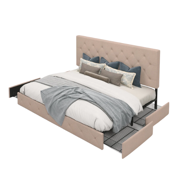 Beige upholstered queen bed with diamond-tufted headboard and four underbed storage drawers on wheels.