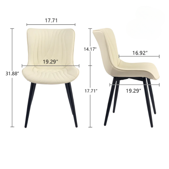 Set of 2 beige faux leather dining chairs with modern fishtail backrest and black metal legs, designed for contemporary dining spaces.