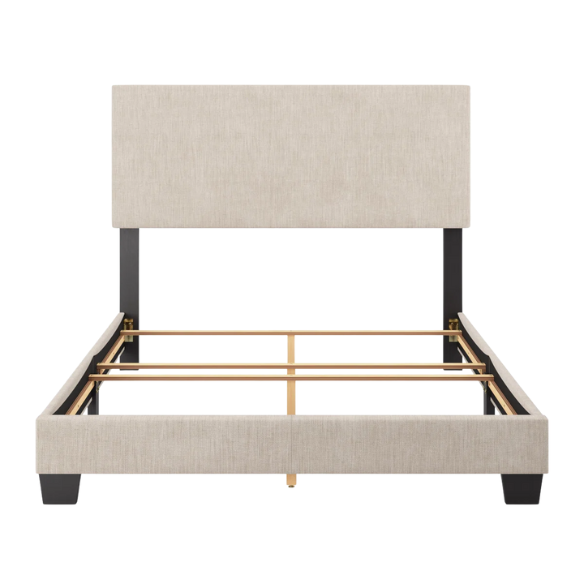 Full-size beige upholstered bed with smooth polyester fabric, a high rectangular foam-padded headboard, and minimalist wooden frame.