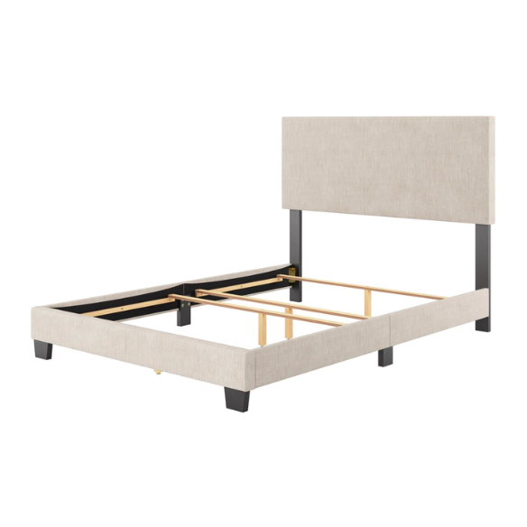 Full-size beige upholstered bed with smooth polyester fabric, a high rectangular foam-padded headboard, and minimalist wooden frame.