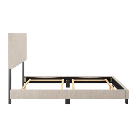 Full-size beige upholstered bed with smooth polyester fabric, a high rectangular foam-padded headboard, and minimalist wooden frame.