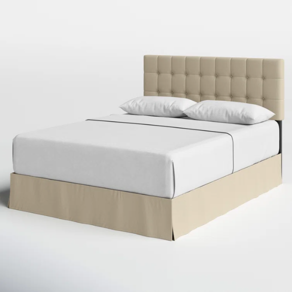 Beige queen bed with tufted wingback headboard, upholstered in soft polyester fabric with nailhead trim.