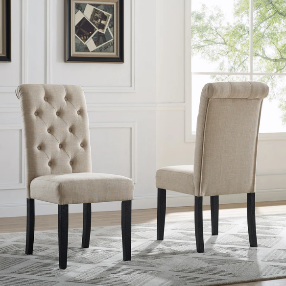 Set of 2 beige tufted high-back dining chairs with espresso wood legs and soft polyester upholstery—perfect for classic or transitional dining spaces.