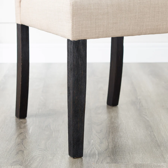 Set of 2 beige tufted high-back dining chairs with espresso wood legs and soft polyester upholstery—perfect for classic or transitional dining spaces.