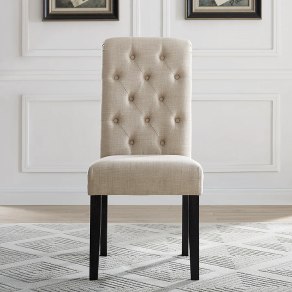 Set of 2 beige tufted high-back dining chairs with espresso wood legs and soft polyester upholstery—perfect for classic or transitional dining spaces.