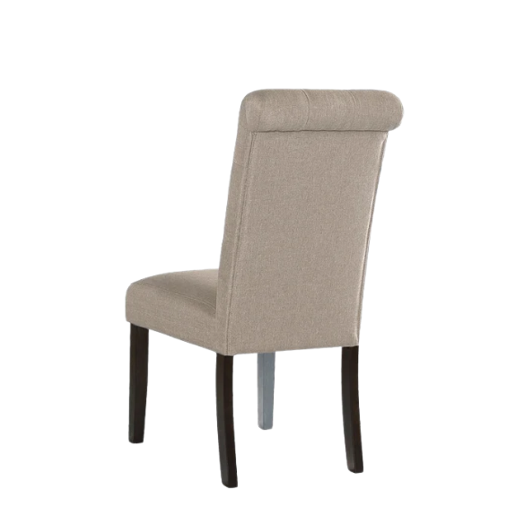 Set of 2 beige tufted high-back dining chairs with espresso wood legs and soft polyester upholstery—perfect for classic or transitional dining spaces.