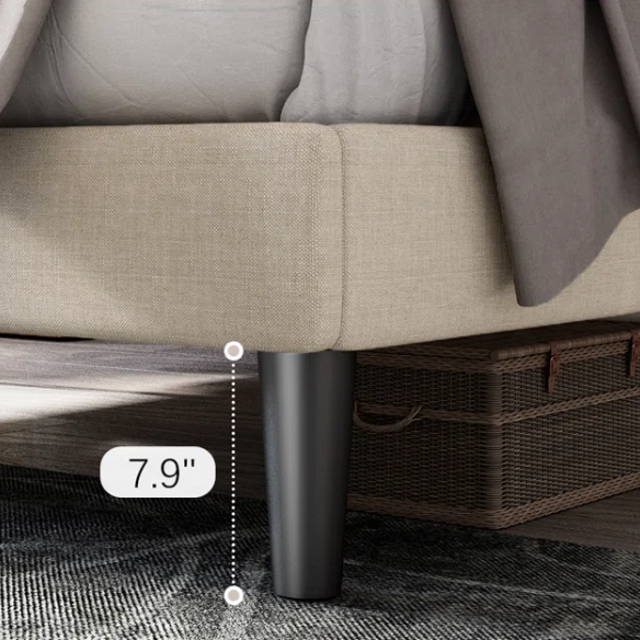 Beige queen-size upholstered bed with linen fabric, button-tufted adjustable headboard, steel frame, and 8-inch underbed clearance.