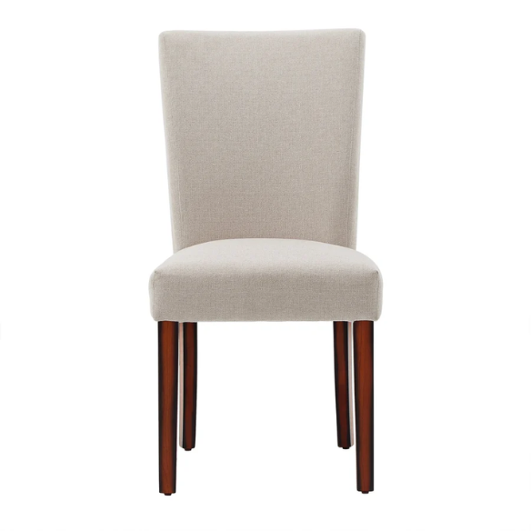Set of 2 upholstered Parson dining chairs in beige fabric with espresso-finished wood legs and high backs, perfect for traditional and modern dining rooms.