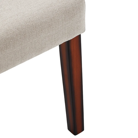 Set of 2 upholstered Parson dining chairs in beige fabric with espresso-finished wood legs and high backs, perfect for traditional and modern dining rooms.