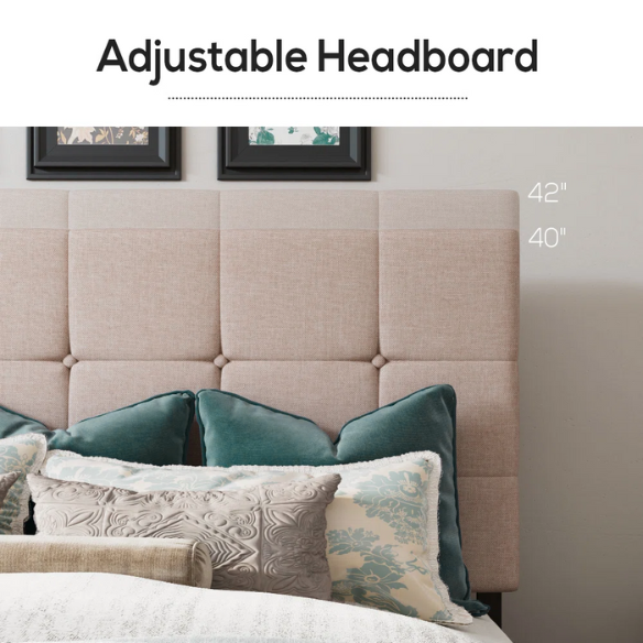 Beige upholstered queen platform bed with block-tufted headboard and four underbed drawers for extra storage.