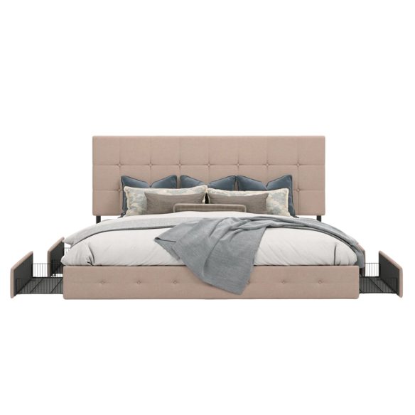Beige upholstered queen platform bed with block-tufted headboard and four underbed drawers for extra storage.