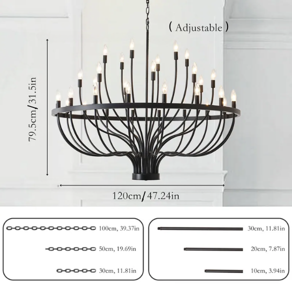 Oversized black farmhouse chandelier with 33 candle-style lights on a wagon wheel frame, ideal for high ceilings, dining rooms, and entryways