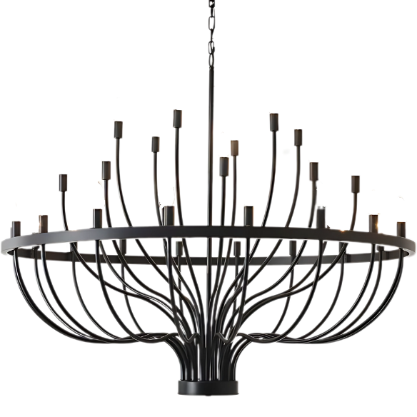 Oversized black farmhouse chandelier with 33 candle-style lights on a wagon wheel frame, ideal for high ceilings, dining rooms, and entryways